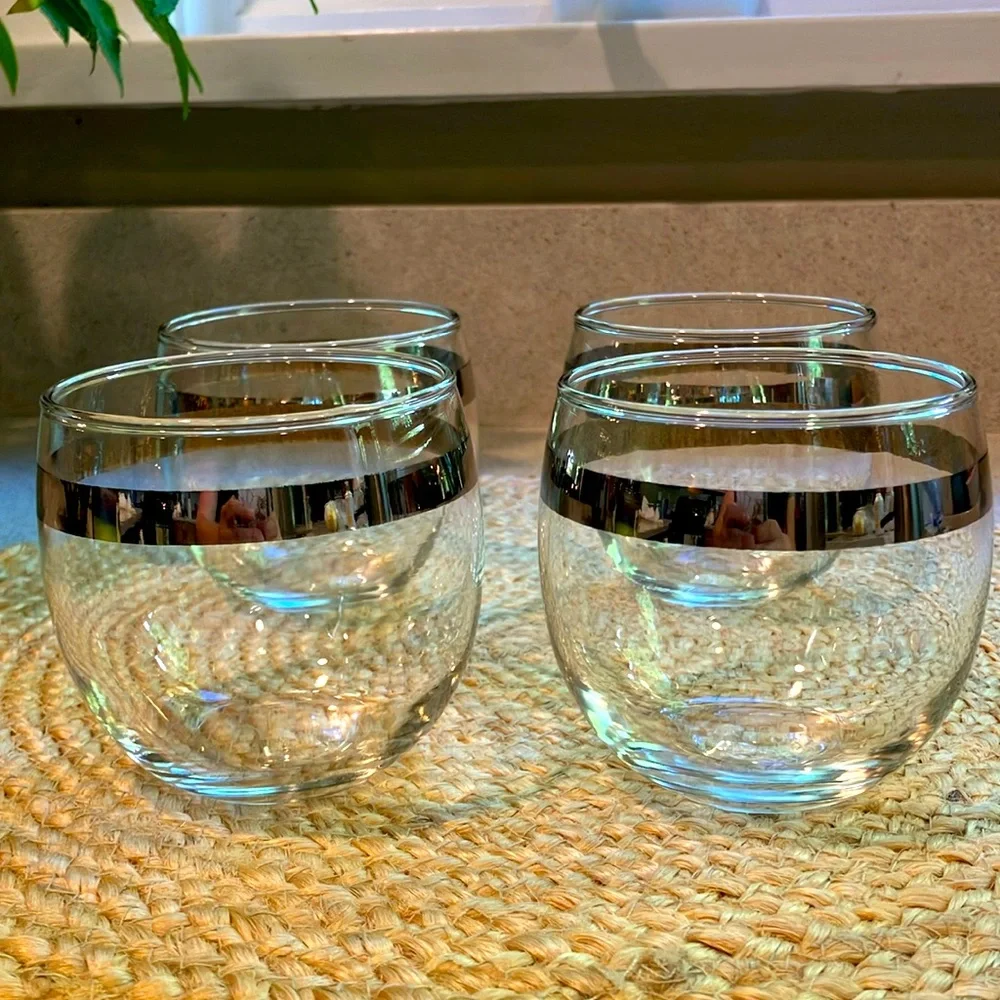 Set of (4) Vintage MCM Silver Stripe Roly Poly Glasses